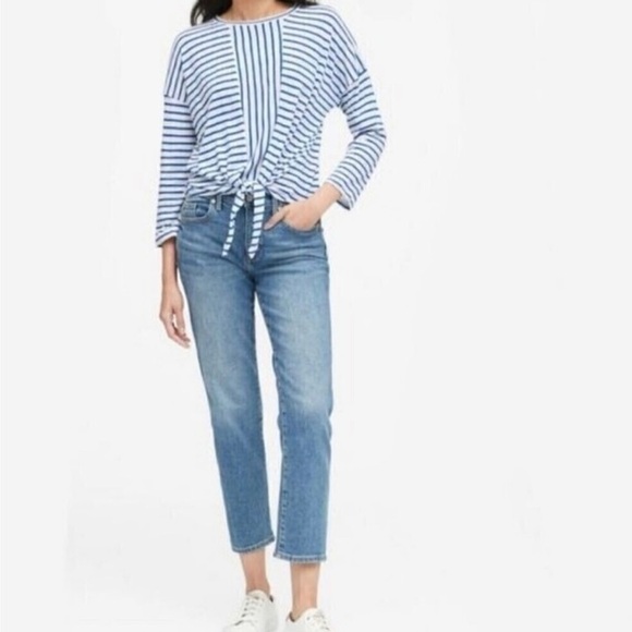 BANANA REPUBLIC Blue & White Coastal Striped 3/4 Sleeve Tie Front Top - Picture 8 of 8